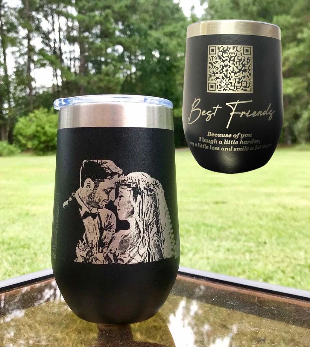 QR code and photo engraved Stainless Steel Wine Tumbler, Personalized Stemless Vacuum Insulated Double Wall, Powder Coated