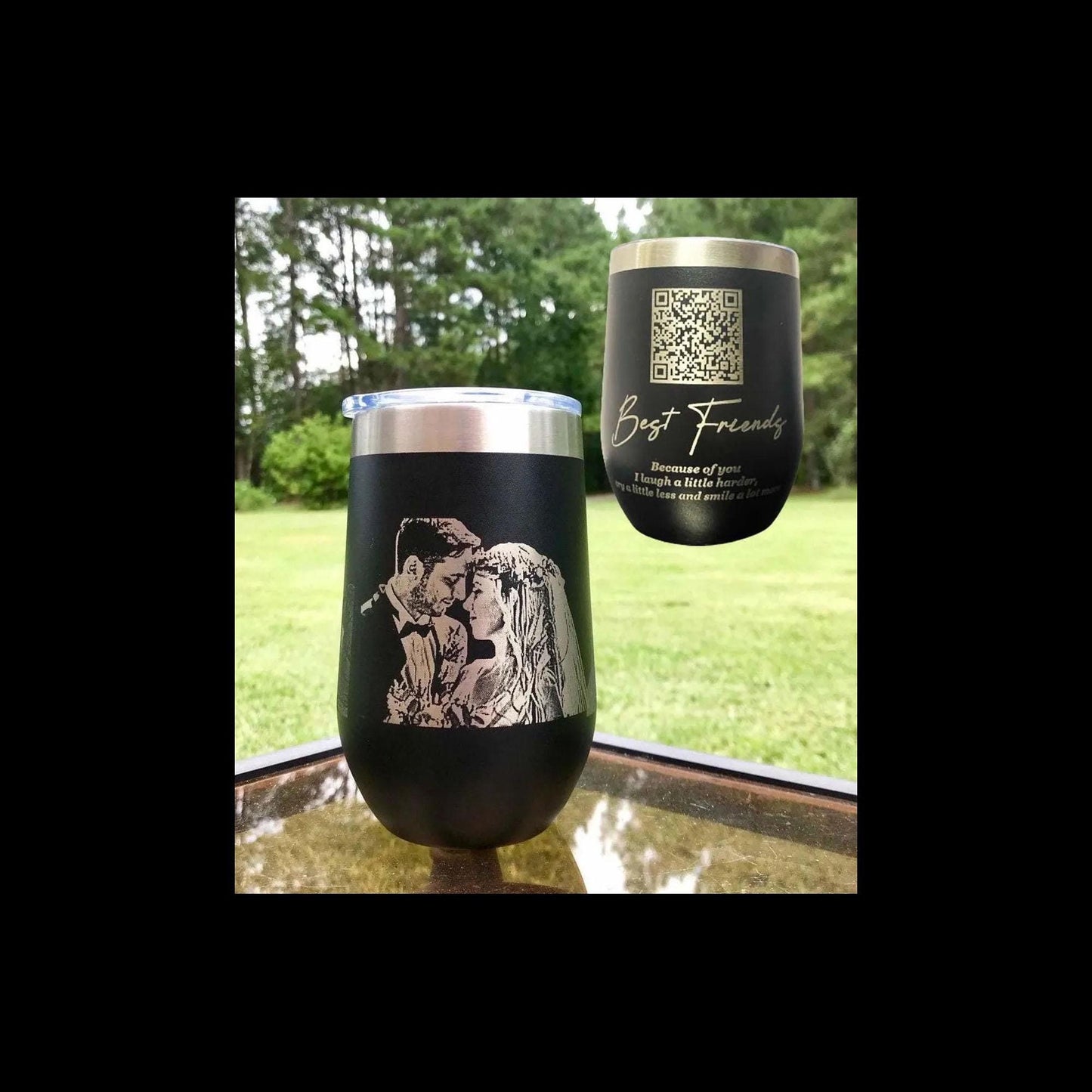 QR code and photo engraved Stainless Steel Wine Tumbler, Personalized Stemless Vacuum Insulated Double Wall, Powder Coated
