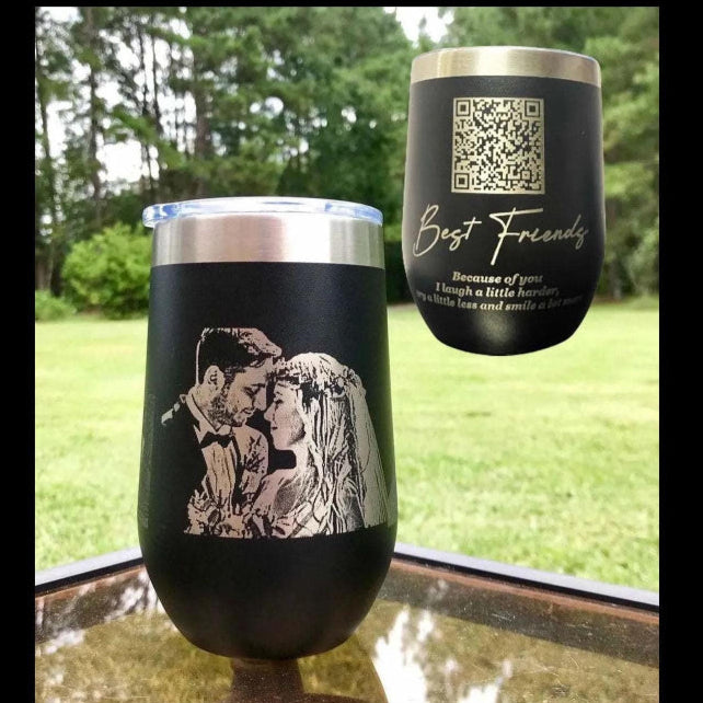 QR code and photo engraved Stainless Steel Wine Tumbler, Personalized Stemless Vacuum Insulated Double Wall, Powder Coated