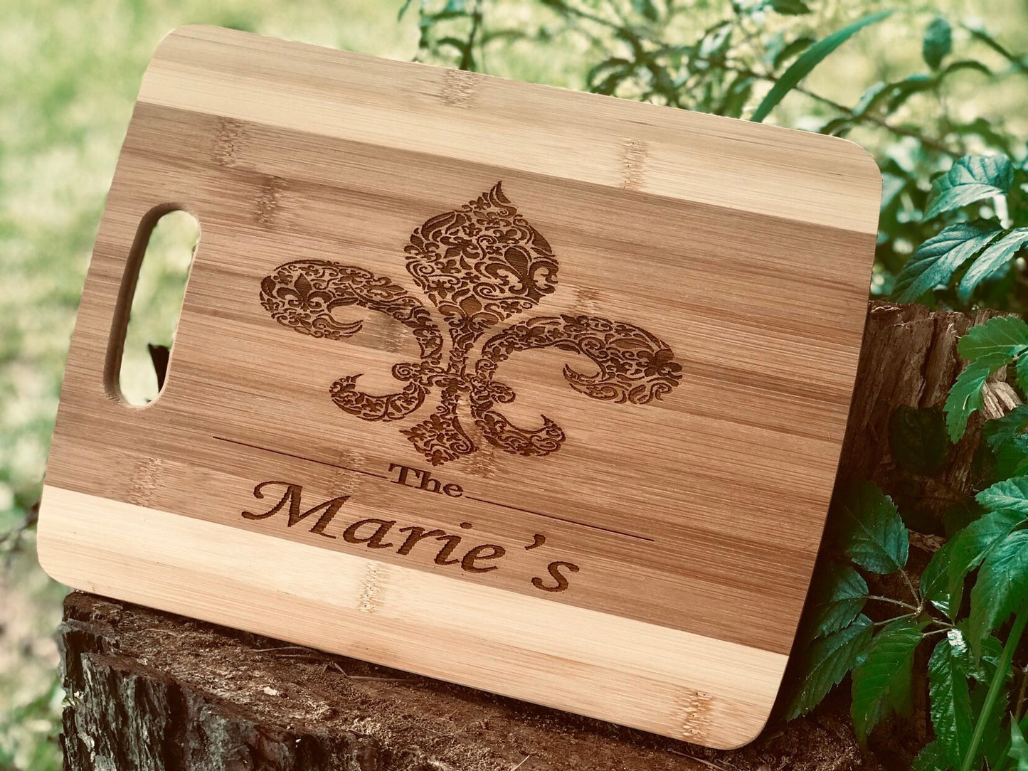 Personalized, engraved Fleur de lis decorative Bamboo chopping board