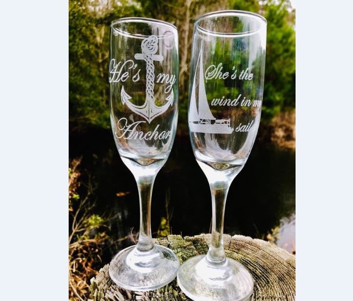 Engraved Nautical champagne flute set with sailboat and anchor, Beach wedding