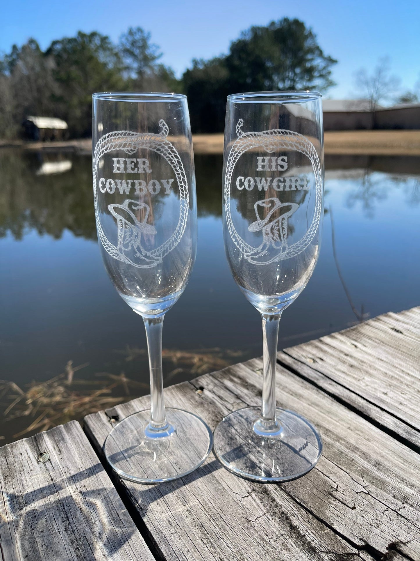 Engraved cowboy and cowgirl champagne flute set with boots, cowboy hat and rope, country wedding