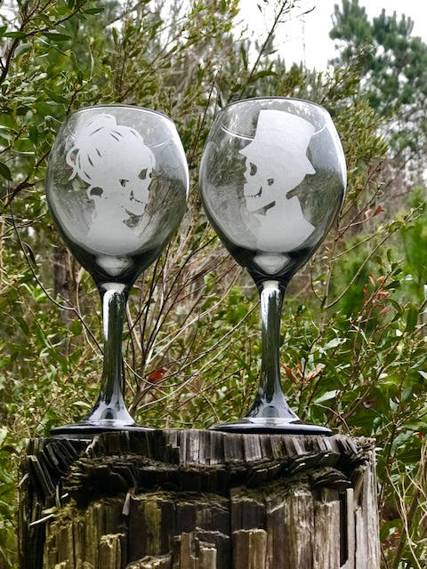 Two - Black tinted wine glass, Hand Engraved, Skeleton Wine Glasses, Skeleton Champagne Glasses