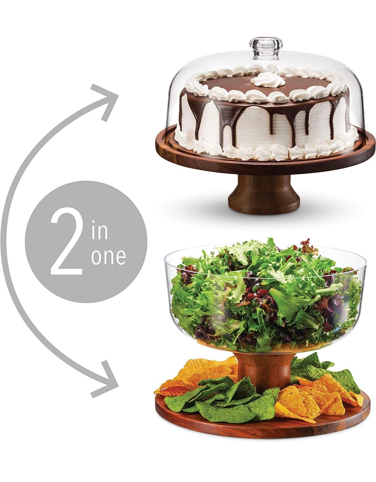 Recipe engraved Cake Stand, Acacia wood Salad Bowl Serving Dish and Footed Cake Stand with lightweight acrylic Dome