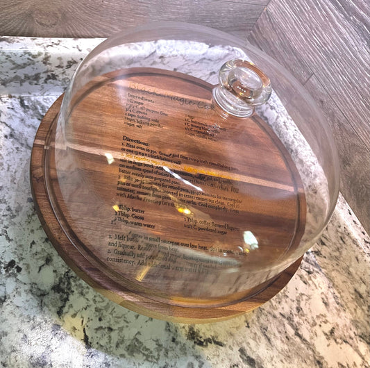 Recipe engraved Cake Stand, Acacia wood Salad Bowl Serving Dish and Footed Cake Stand with lightweight acrylic Dome