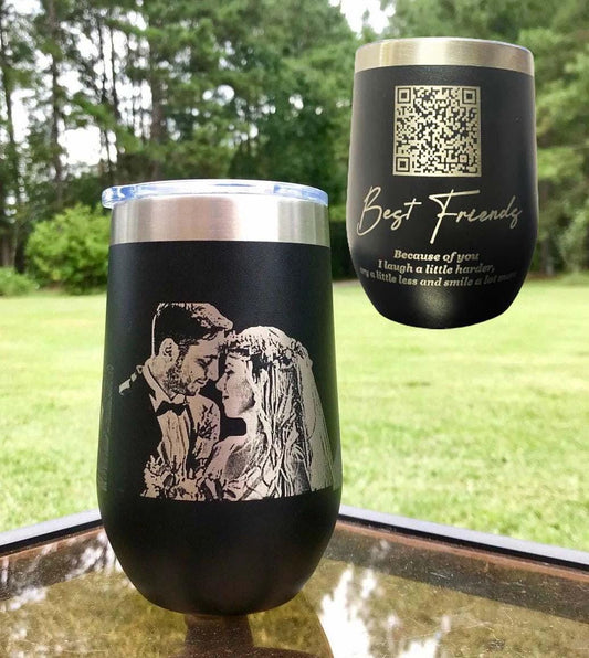 QR code and photo engraved Stainless Steel Wine Tumbler, Personalized  Stemless Vacuum Insulated Double Wall, Powder Coated