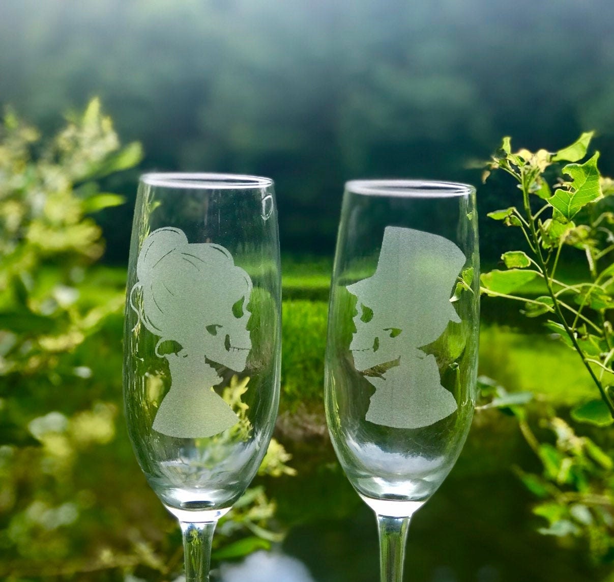 Two - Black tinted wine glass, Hand Engraved, Skeleton Wine Glasses, Skeleton Champagne Glasses