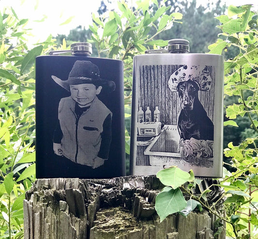 Custom Photo engraved Flask, Stainless steel flask, Black Flask, 8 oz picture flask