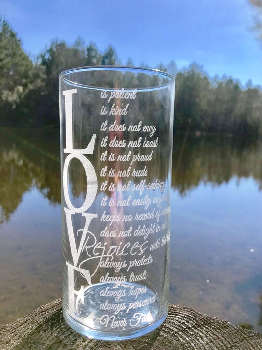 Personalized, Engraved, Vase, Candle Holder, Custom Corinthians 13:4 glass vase