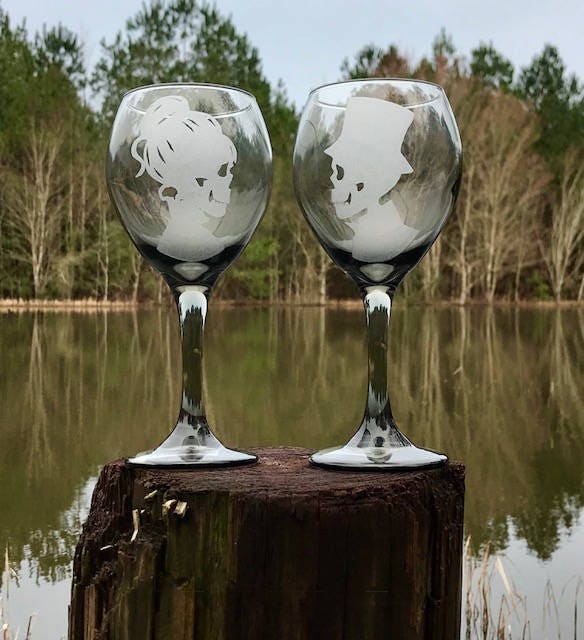 Two - Black tinted wine glass, Hand Engraved, Skeleton Wine Glasses, Skeleton Champagne Glasses