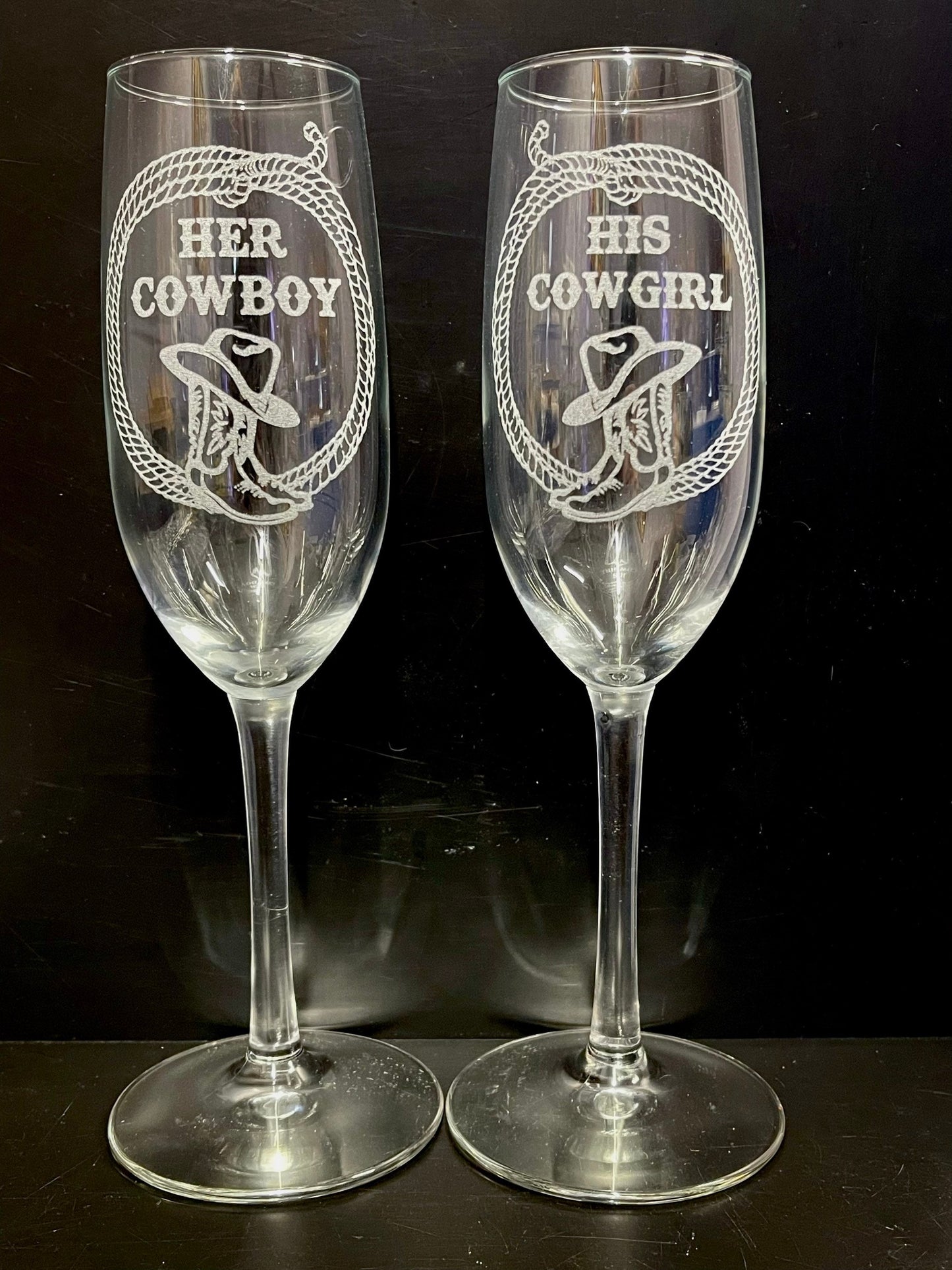 Engraved cowboy and cowgirl champagne flute set with boots, cowboy hat and rope, country wedding