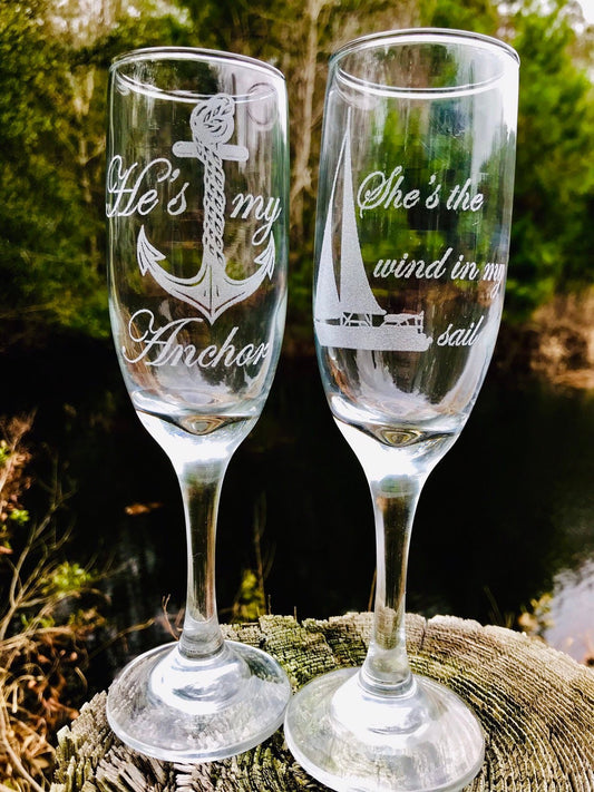 Engraved Nautical champagne flute set with sailboat and anchor, Beach wedding