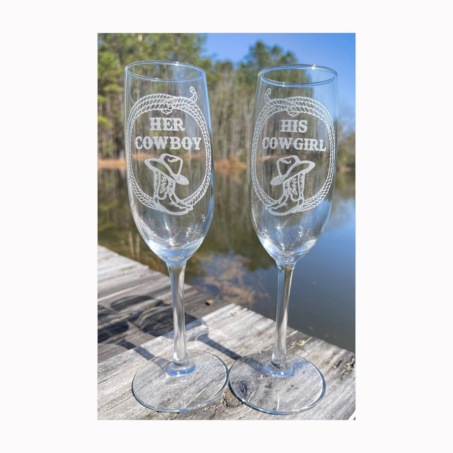 Engraved cowboy and cowgirl champagne flute set with boots, cowboy hat and rope, country wedding