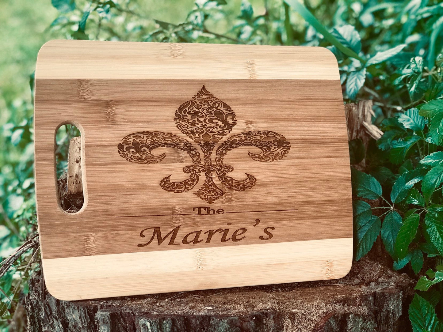 Personalized, engraved Fleur de lis decorative Bamboo chopping board