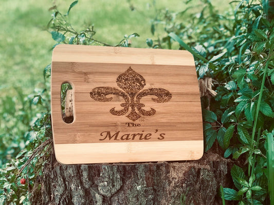 Personalized, engraved Fleur de lis decorative Bamboo chopping board