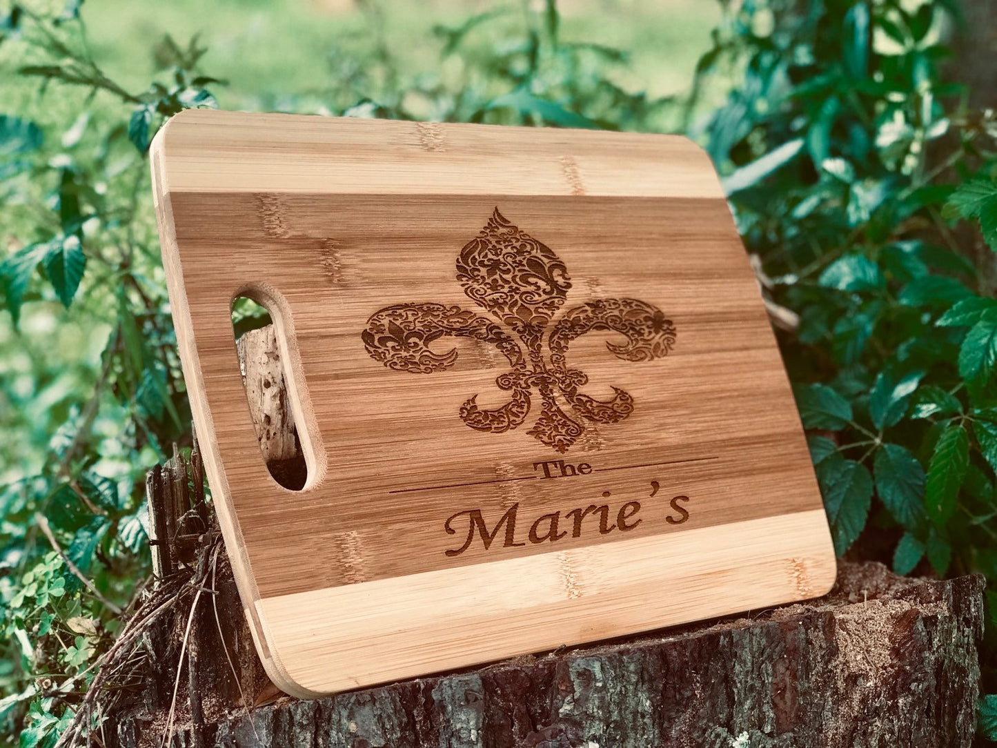 Personalized, engraved Fleur de lis decorative Bamboo chopping board