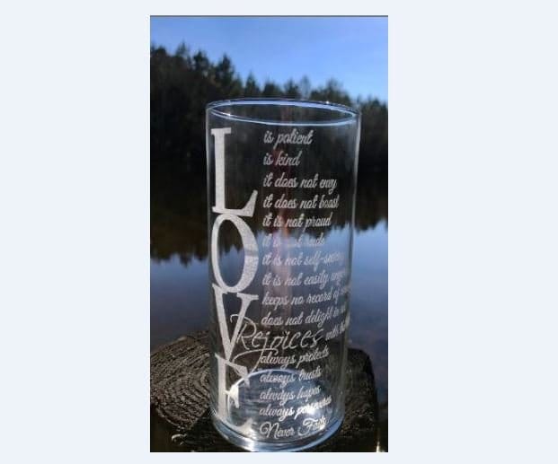 Personalized, Engraved, Vase, Candle Holder, Custom Corinthians 13:4 glass vase