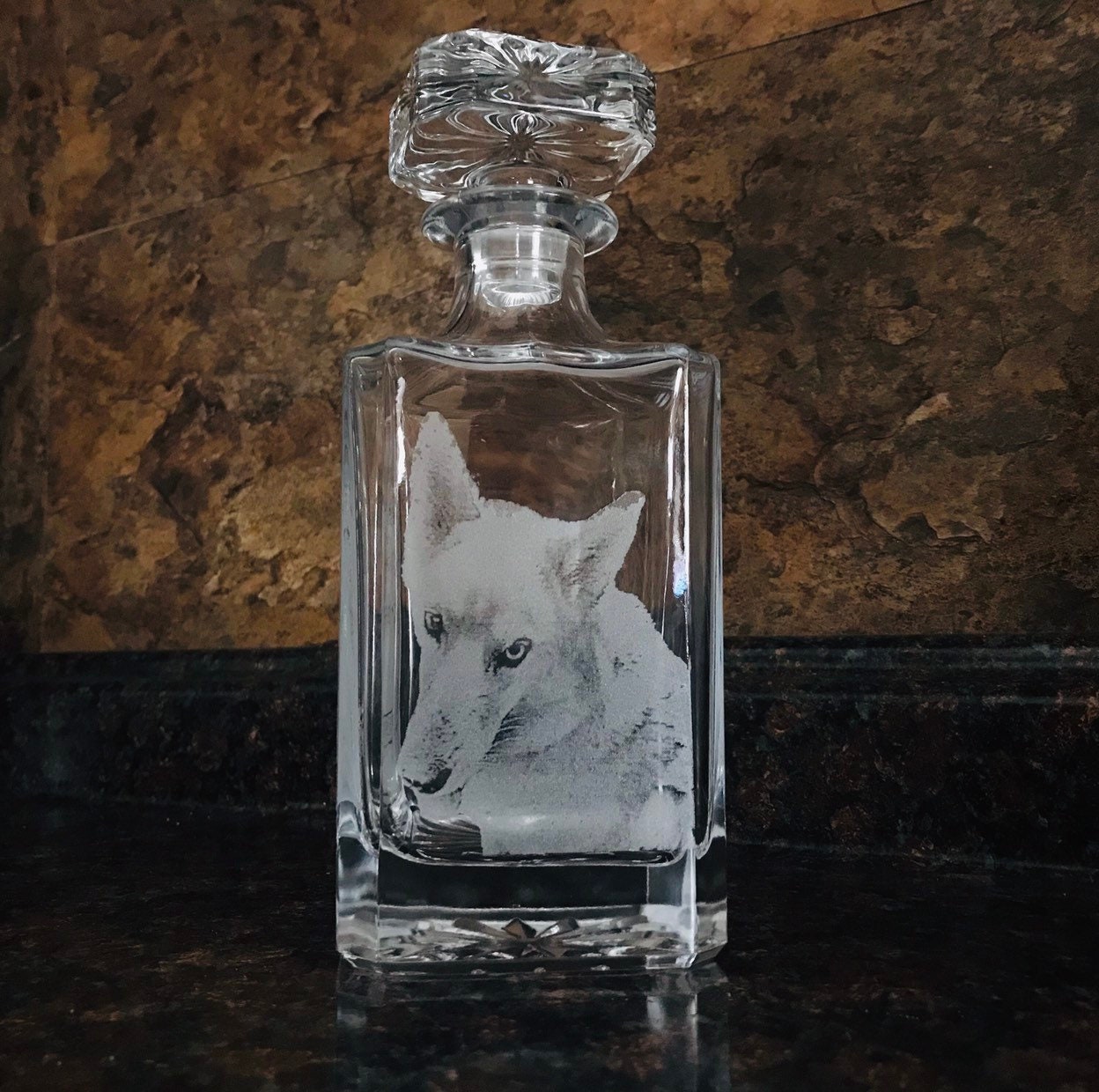 Photo engraved Crystal Decanter with Glass Stopper, 26 oz, 750ml lead free