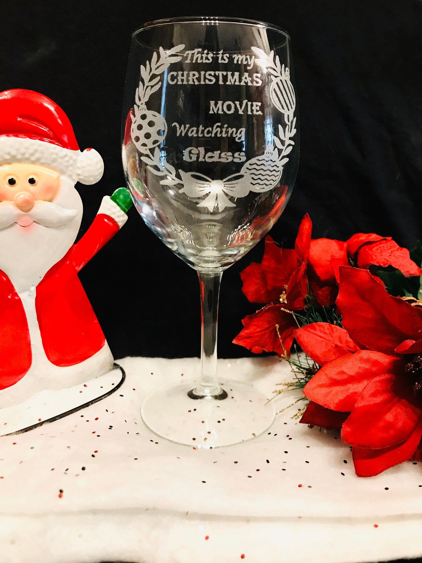 Engraved Christmas Movie  watching stemmed Wine Glass