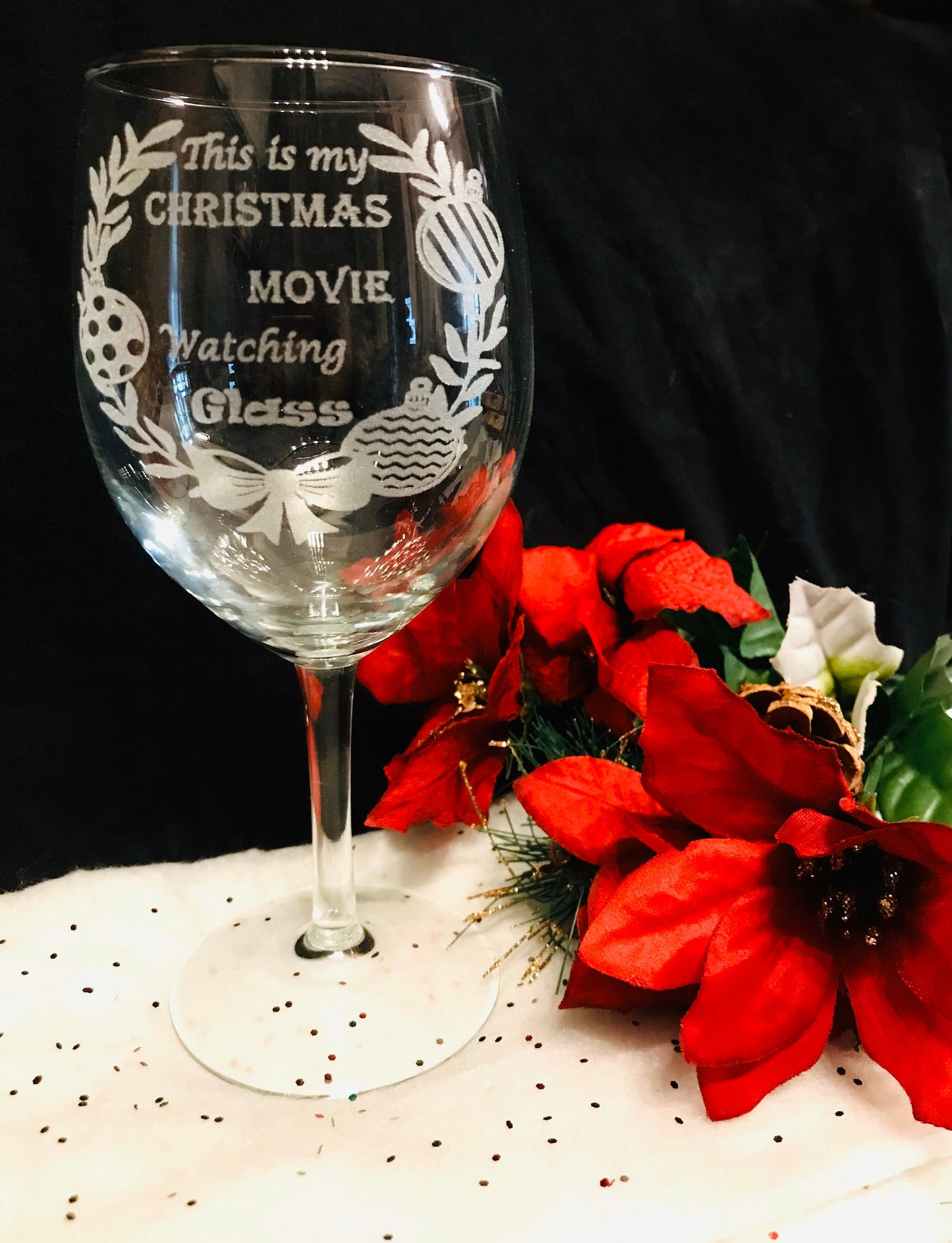 Engraved Christmas Movie  watching stemmed Wine Glass