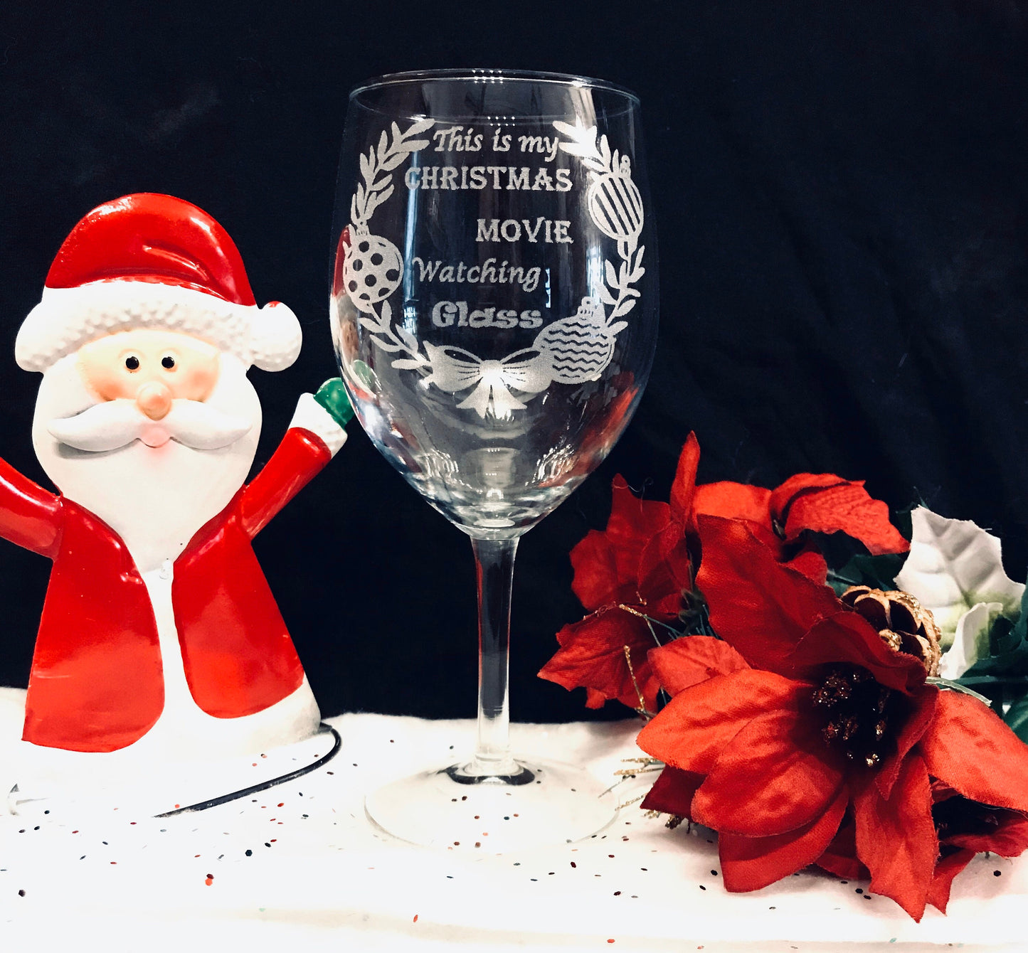 Engraved Christmas Movie  watching stemmed Wine Glass