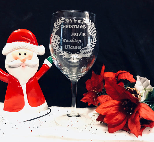 Engraved Christmas Movie  watching stemmed Wine Glass