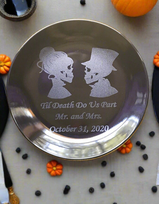 Two Black engraved Skeletons plates, Til Death do us part
