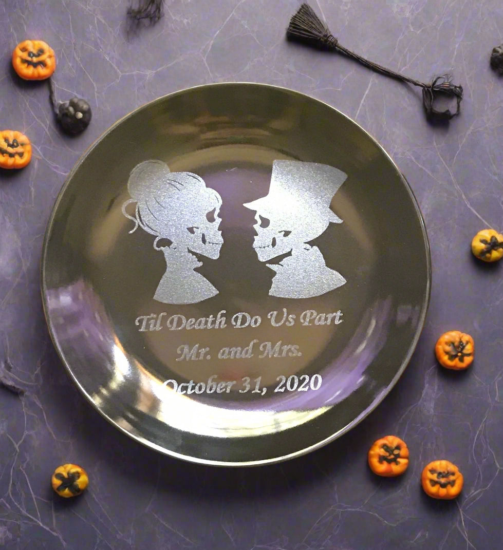 Two Black engraved Skeletons plates, Til Death do us part