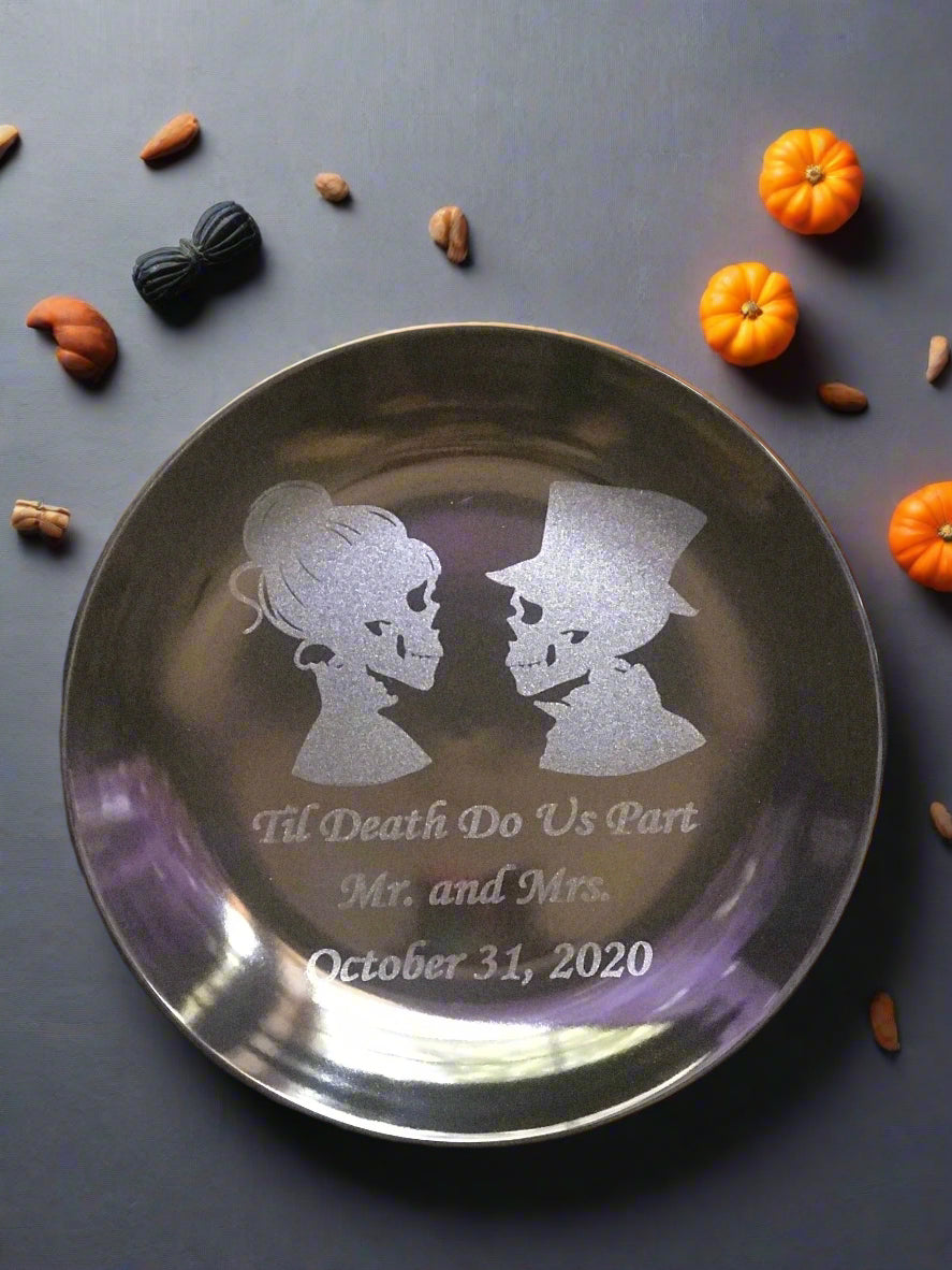 Two Black engraved Skeletons plates, Til Death do us part