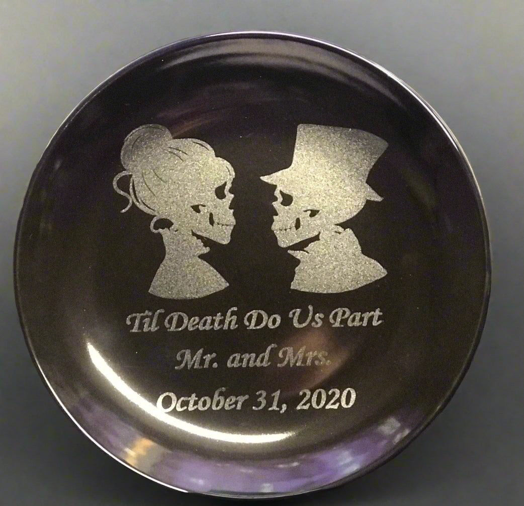 Two Black engraved Skeletons plates, Til Death do us part