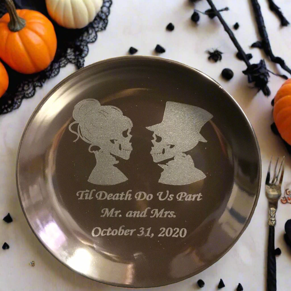 Two Black engraved Skeletons plates, Til Death do us part