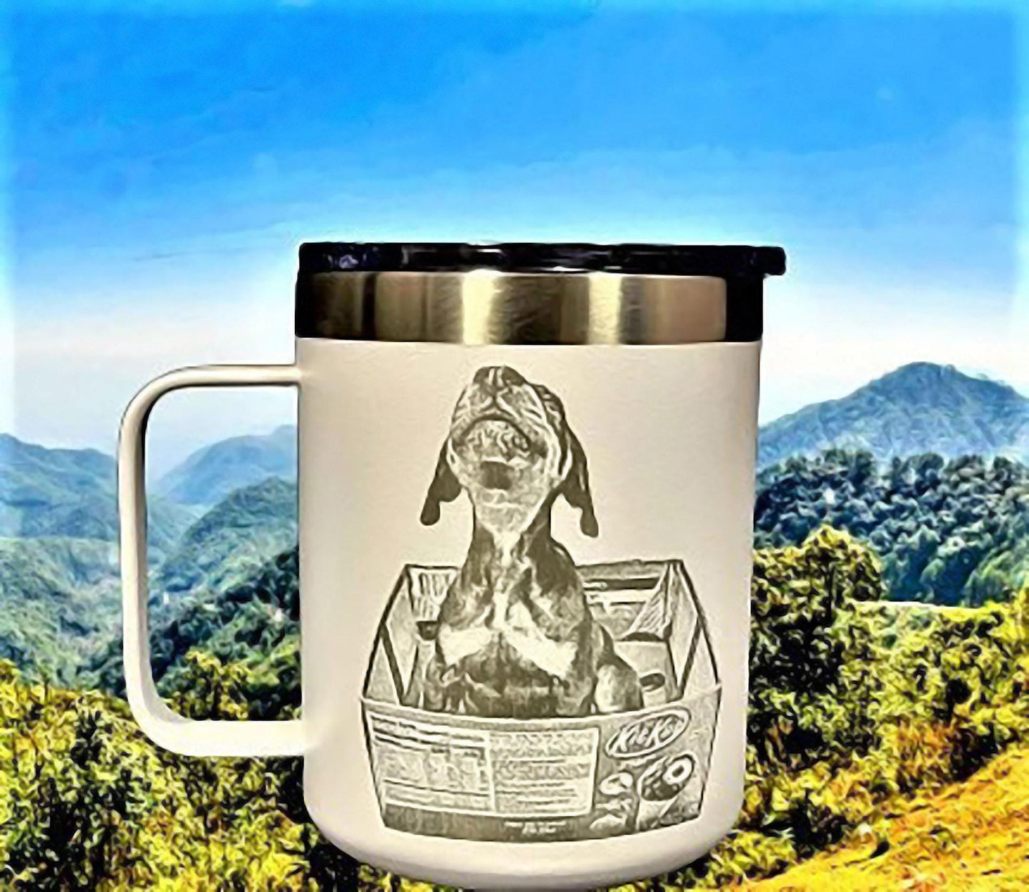 Custom, photo engraved Stainless Steel Tumbler, with Lid, 12oz Coffee travel Powder Coated tumbler