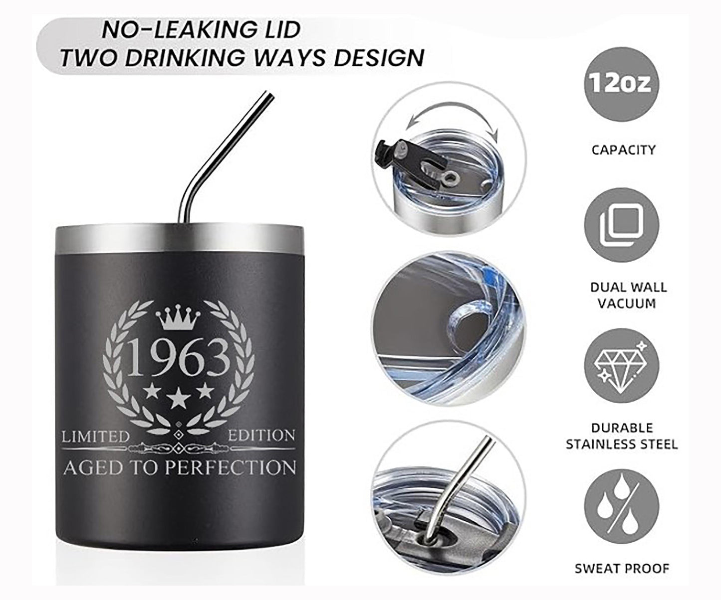 Birthday Lowball Tumbler, Stainless Steel, Double Wall Vacuum Insulated Mug with Straw, Lid and Cleaning Brush
