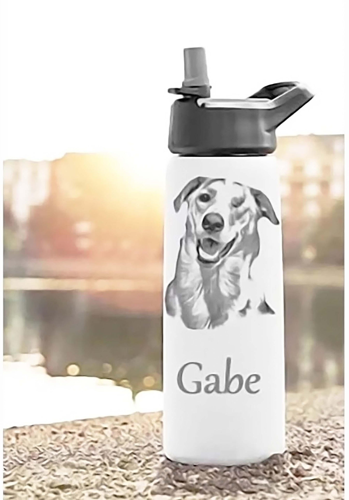 Custom, photo engraved water bottle Powder Coated Stainless Steel Vacuum Insulated Double Wall with Lid