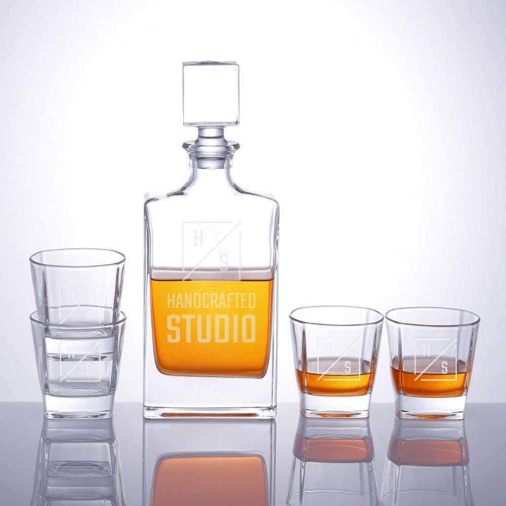 Photo engraved Whiskey Decanter Set, one decanter and four glasses
