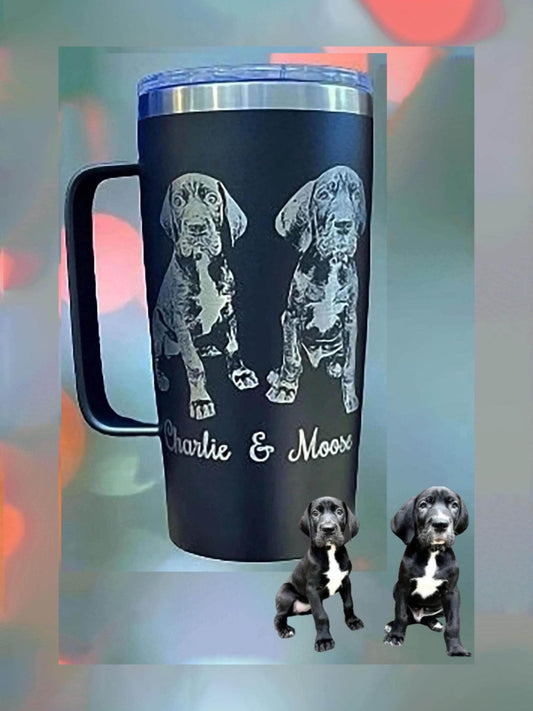 Photo engraved Stainless Steel Tumbler with Lid and handle, muliple sizes and colors