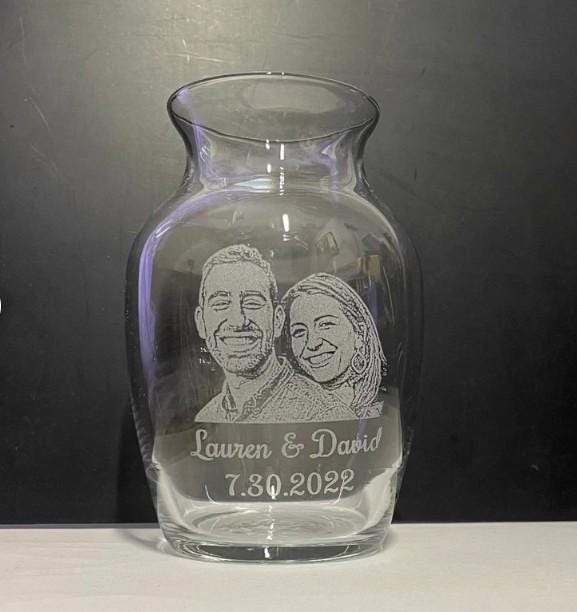 Custom Photo Engraved Glass Vase, Personalized Memorial, Wedding, or Gift Keepsake