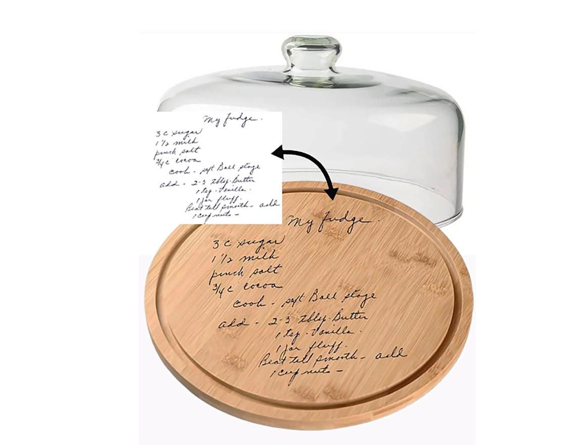 Recipe engraved Cake Stand, bamboo wood Charcuterie Board and Salad Bowl Serving Dish, Footed Cake stand and lightweight acrylic Dome