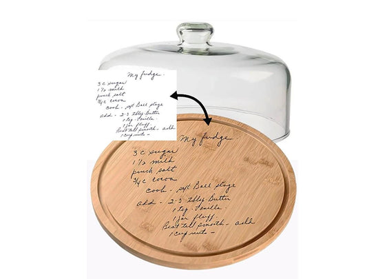 Recipe engraved Cake Stand, bamboo wood Charcuterie Board and Salad Bowl Serving Dish, Footed Cake stand and lightweight acrylic Dome