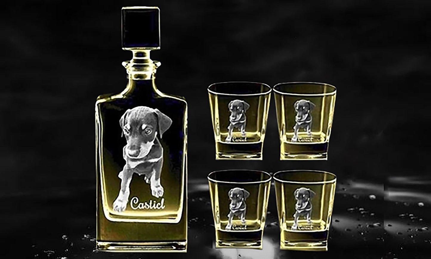 Photo engraved Whiskey Decanter Set, one decanter and four glasses
