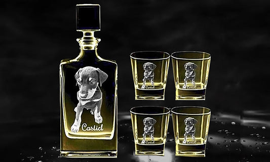 Photo engraved Whiskey Decanter Set, one decanter and four glasses
