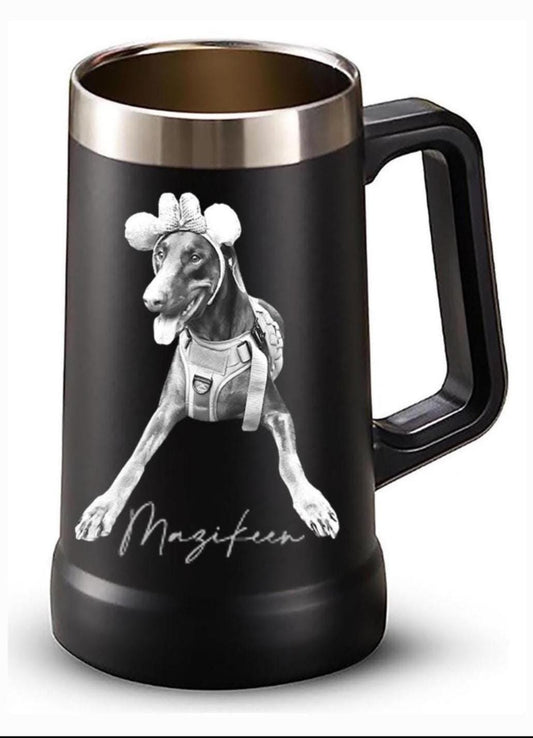 Photo engraved Stainless Steel Beer Stein, Double Walled, Large Handle, 24 oz