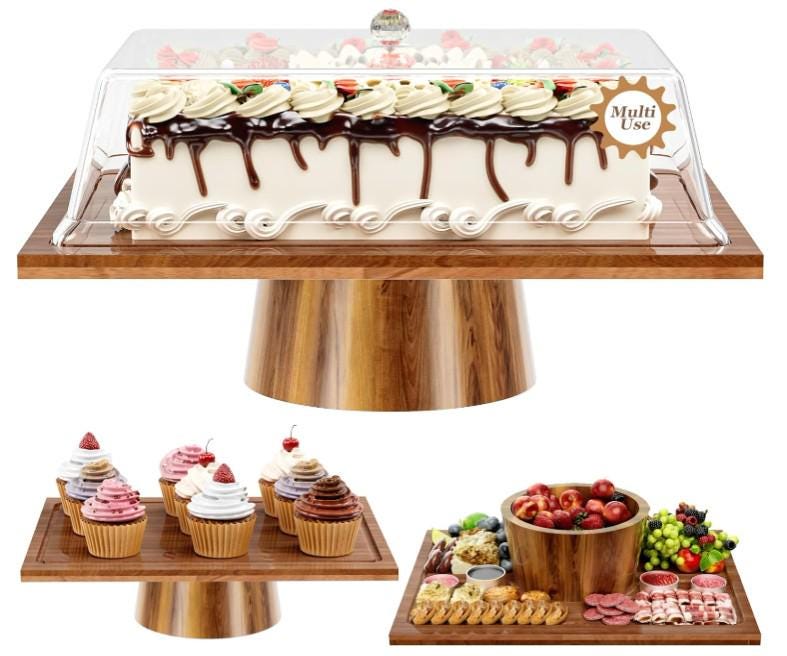 Recipe engraved Acacia Wood Rectangular Cake Stand with Lid, 2-in-1 Dessert Table Display Set & Charcuterie Board