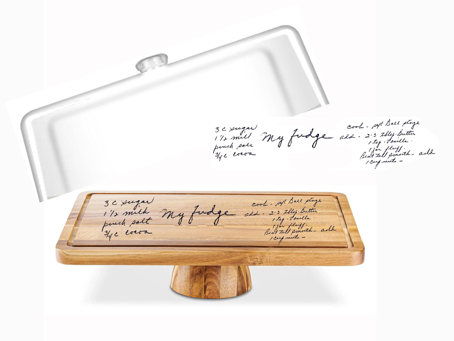 Recipe engraved Acacia Wood Rectangular Cake Stand with Lid, 2-in-1 Dessert Table Display Set & Charcuterie Board